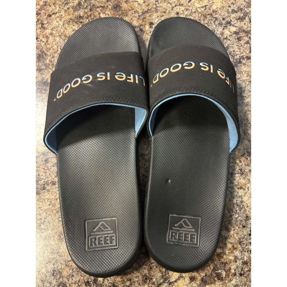 Reef Mens One Slide Sandals Black Life Is Good Logo Comfort Beach Shoes Size 11